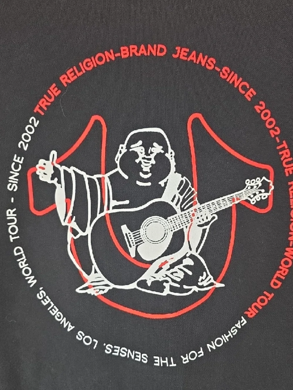 True Religion Buddha Guitar Graphic Polo Shirt XL Black World Tour Since 2002